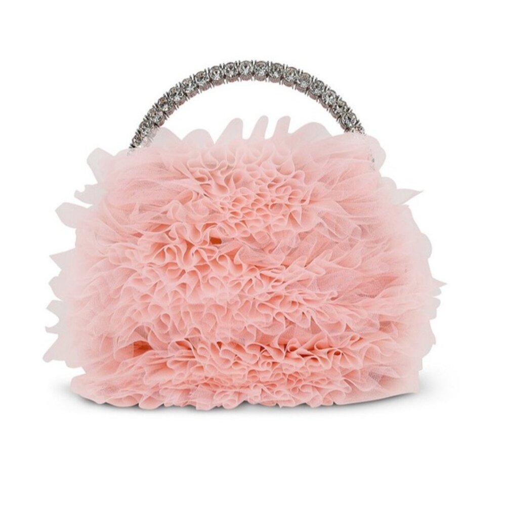 Badgley Mischka Jewel Jazzie Layered Tulle Pouch Clutch Pink Ruffled Handbag